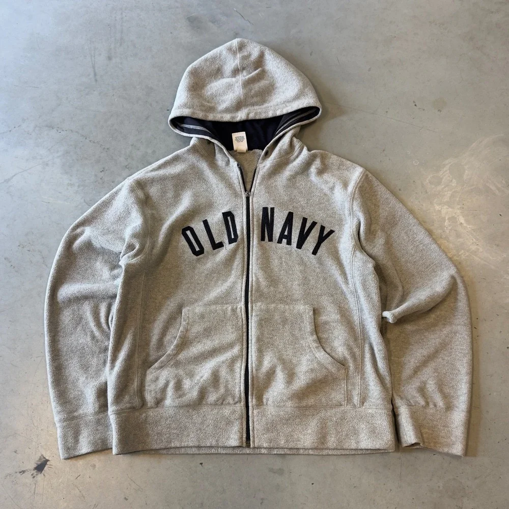 Old Navy Mens Gray Fleece Full Zip Hoodie Spellout Logo Medium - Picture 1 of 7